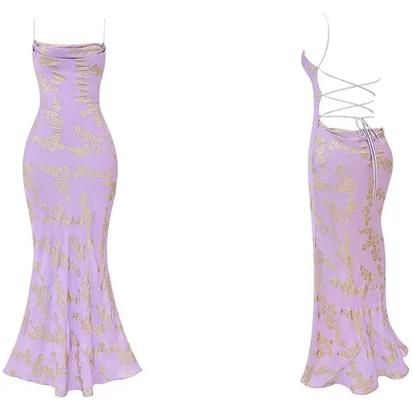 HOUSE OF CB 'Capriana' Orchid Jacquard Satin Gown NWOT - Picture 6 of 10